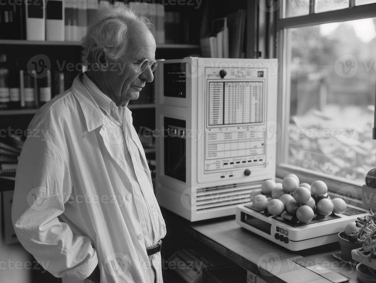 A scientist stands thoughtfully in a lab, surrounded by equipment and a scale with fruit photo