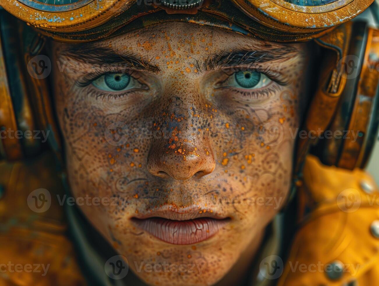 A close-up portrait of a pilot, their face covered in rust and grime photo