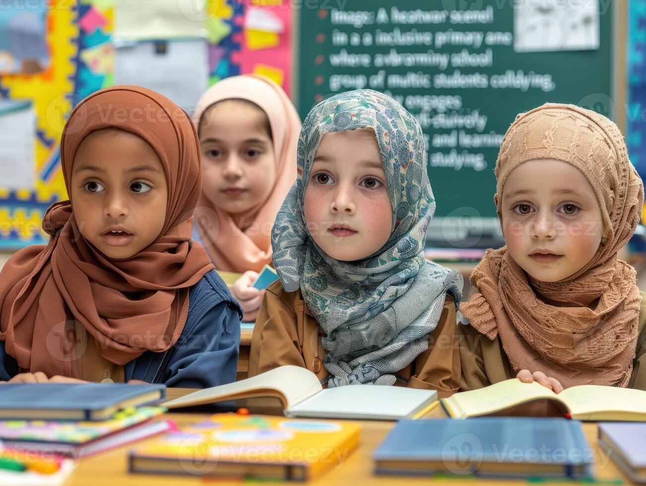 Three young girls in hijabs focus intently on their books during class photo