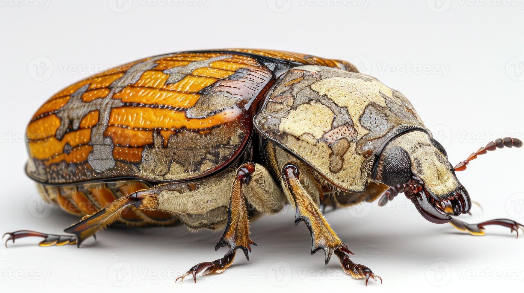 Close-up of a camouflaged beetle with orange and grey patterns photo