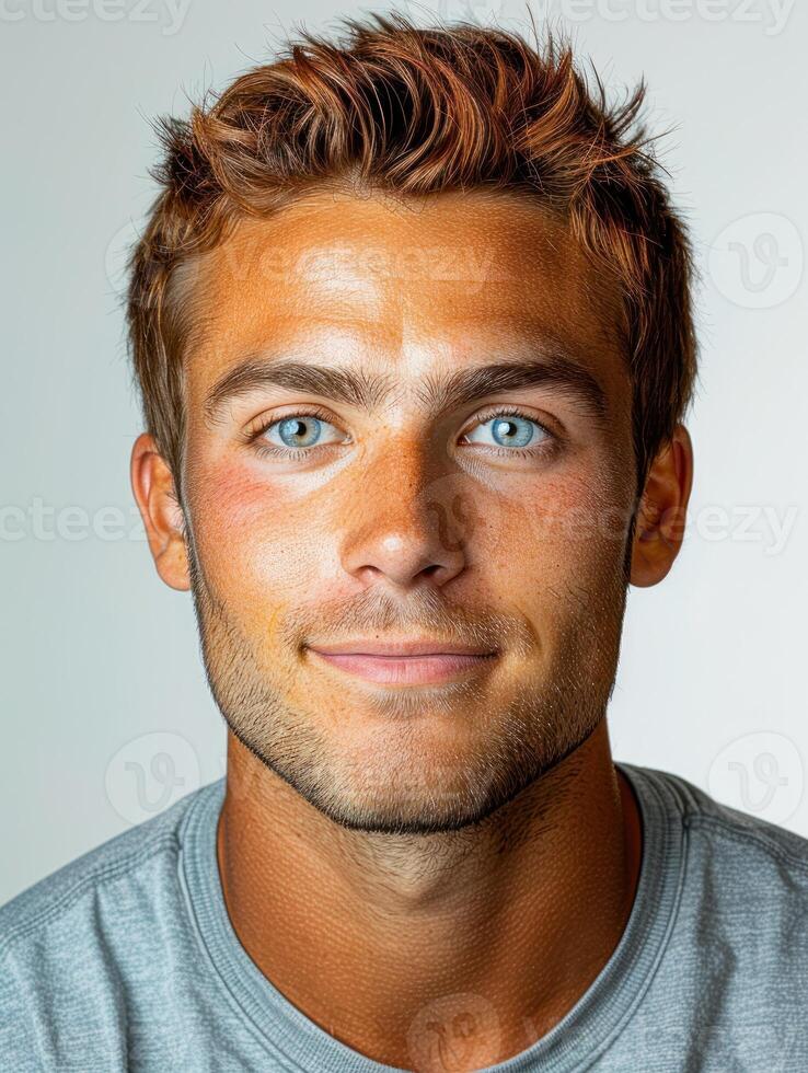 A young man with a tan and blue eyes smiles slightly for the camera photo