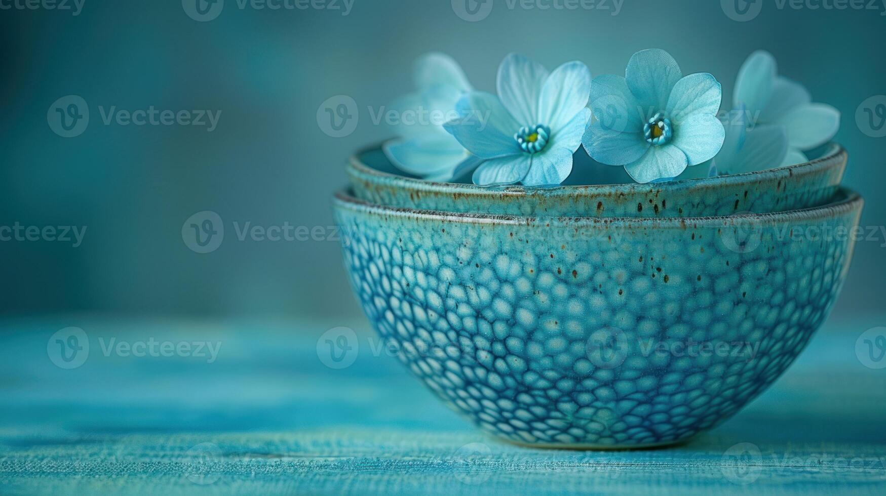 Blue flowers resting in a ceramic bowl photo