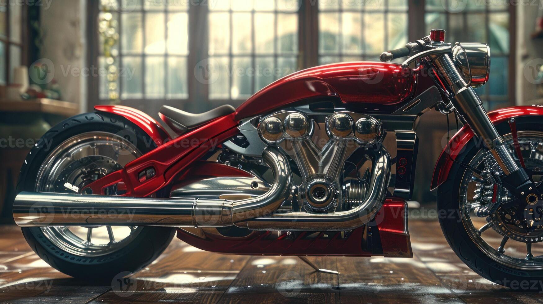 A red motorcycle with chrome accents sits in a garage photo