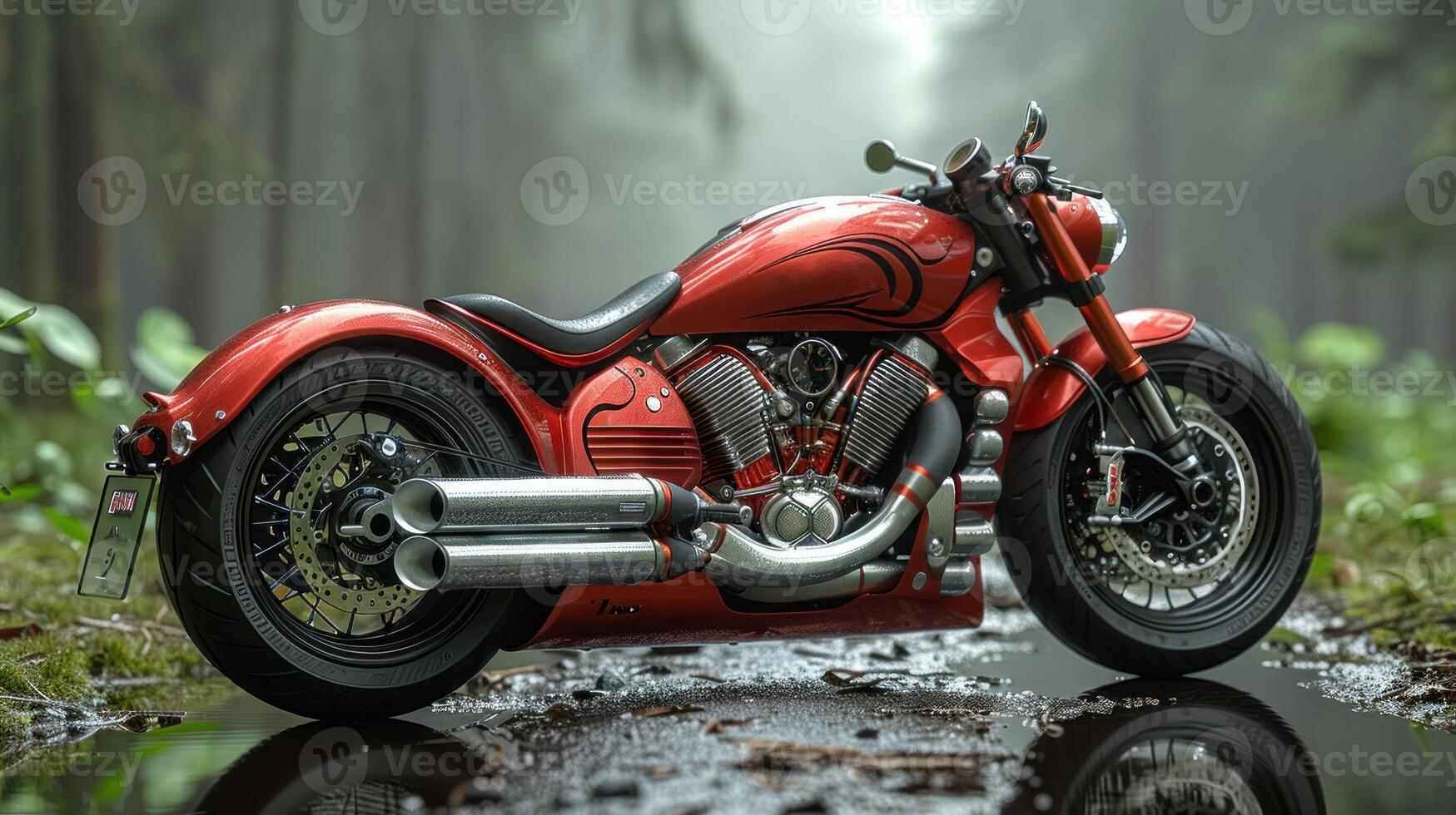 A red motorcycle stands alone in a misty forest photo