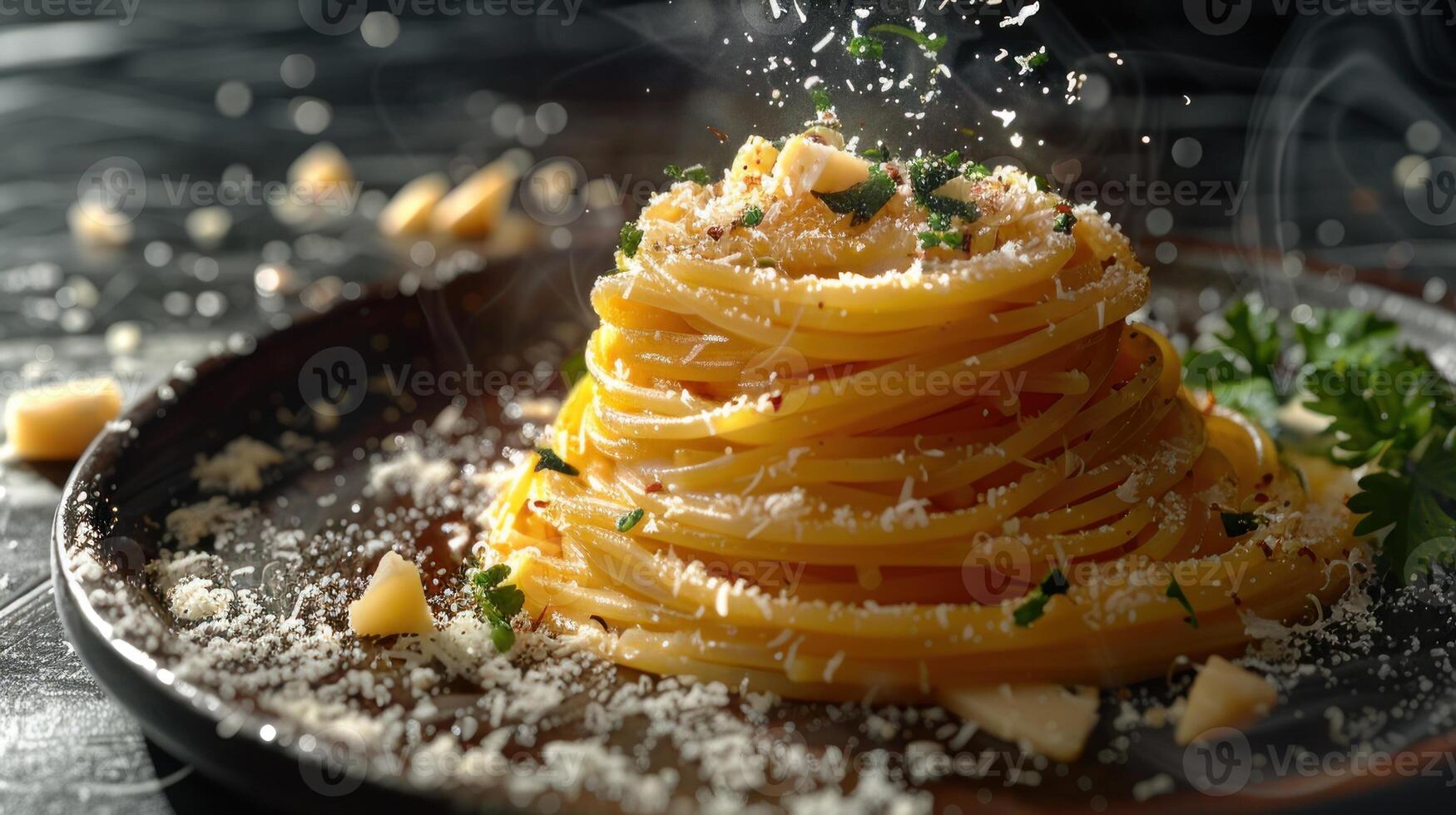 A close-up of a plate of spaghetti with parmesan cheese, parsley, and a sprinkle of magic photo