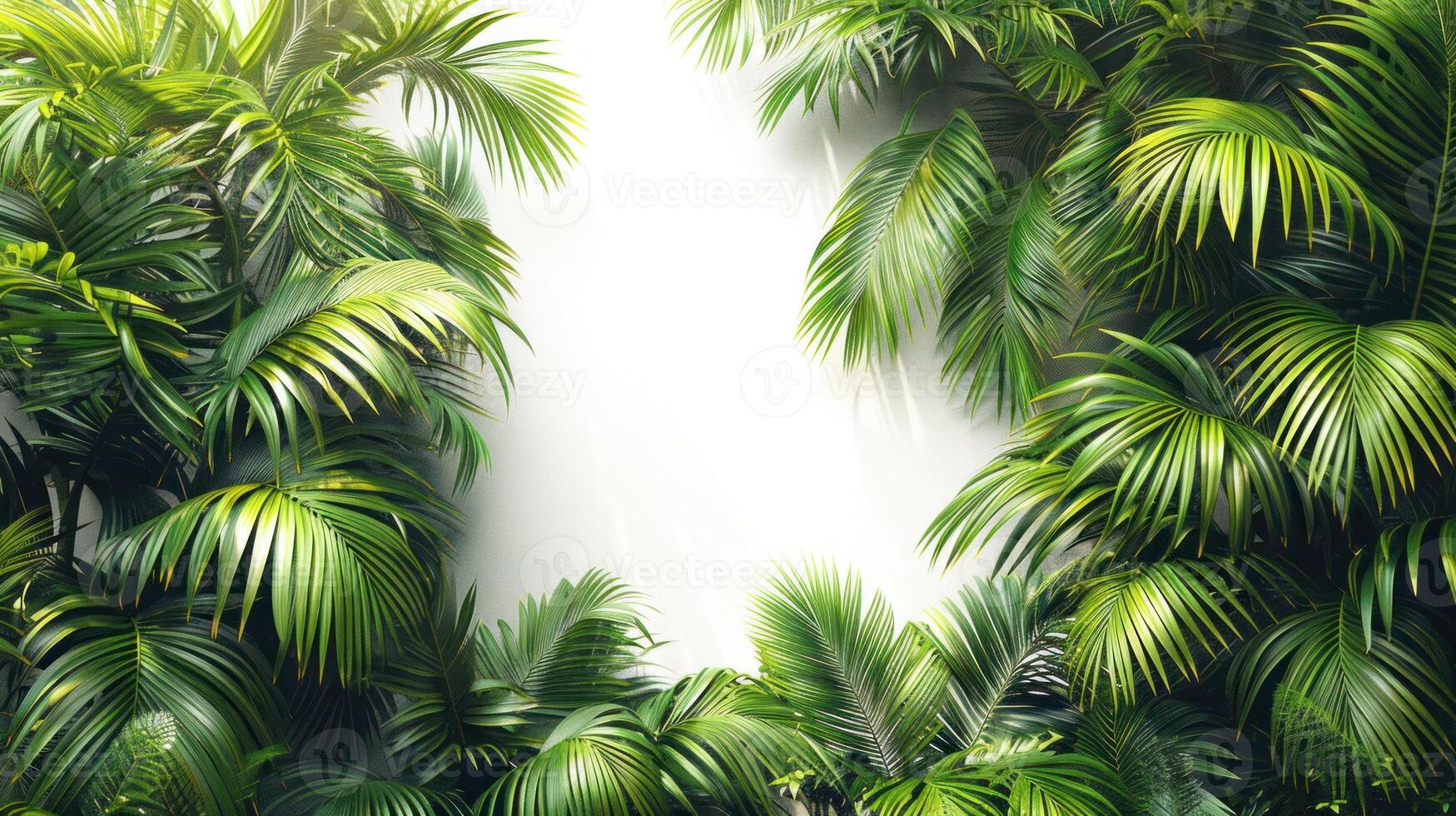 Palm leaves create a natural frame around a white wall photo