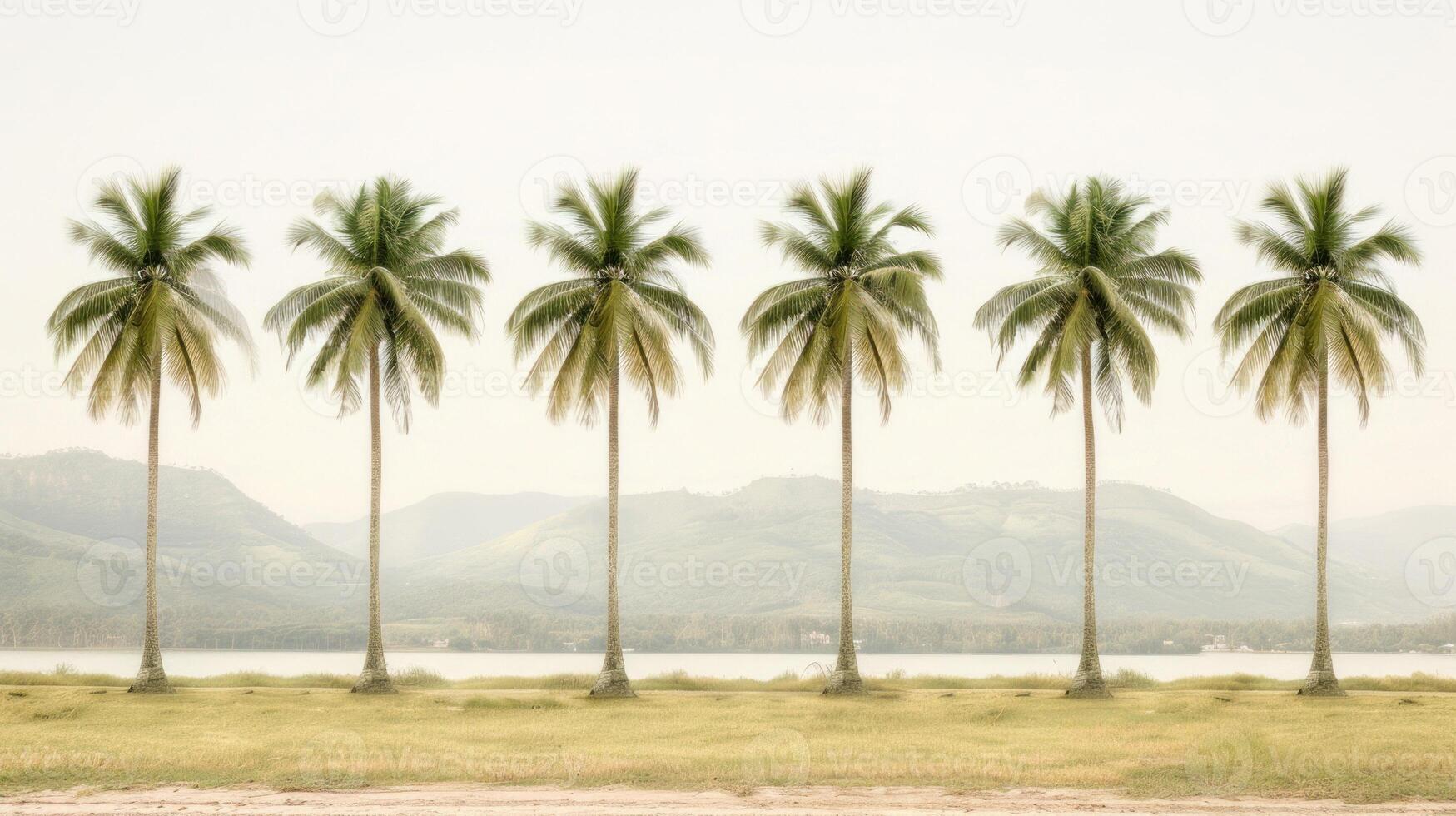 Seven palm trees in a row on sandy beach photo