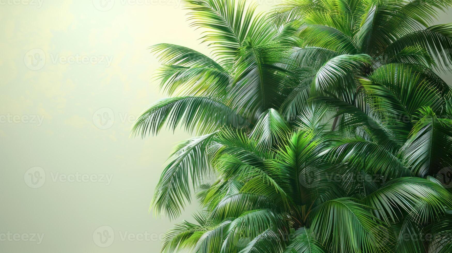 Palm trees with lush green fronds against a hazy morning sky photo