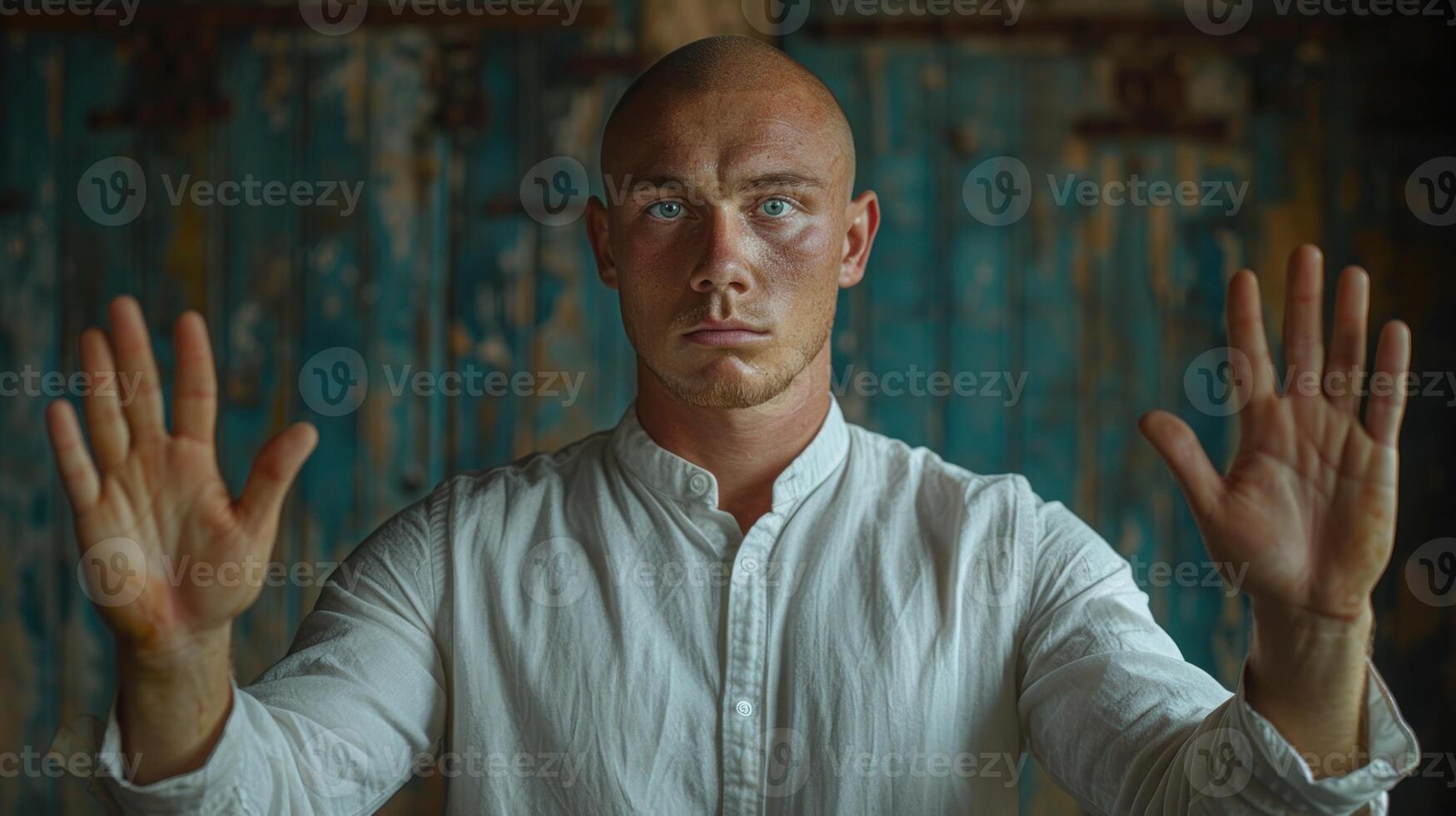 Young man with shaved head stands in rustic setting, hands out in plea or surrender photo