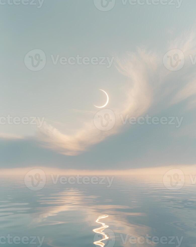 Peaceful cloud over reflective ocean with crescent moon in tranquil sky photo