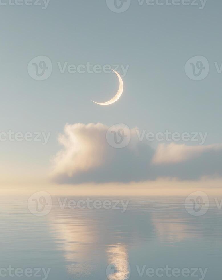Peaceful cloud over reflective ocean with crescent moon in tranquil skyPeaceful cloud over reflective ocean with crescent moon in tranquil sky. photo