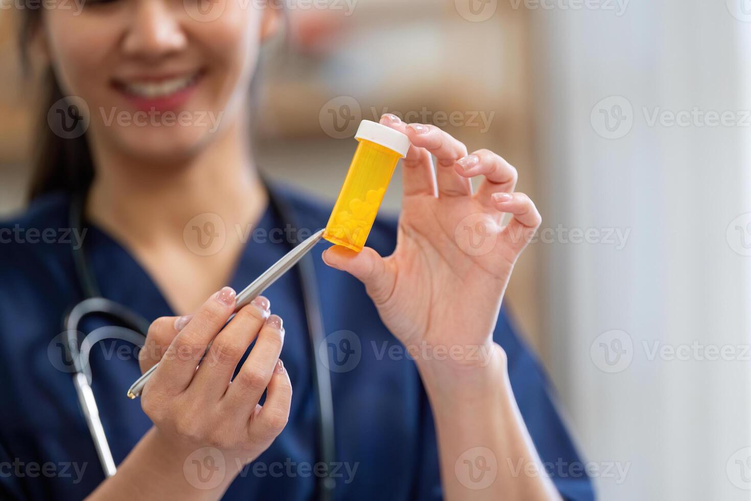 Compassionate healthcare professional demonstrating medication management with a prescription bottle photo