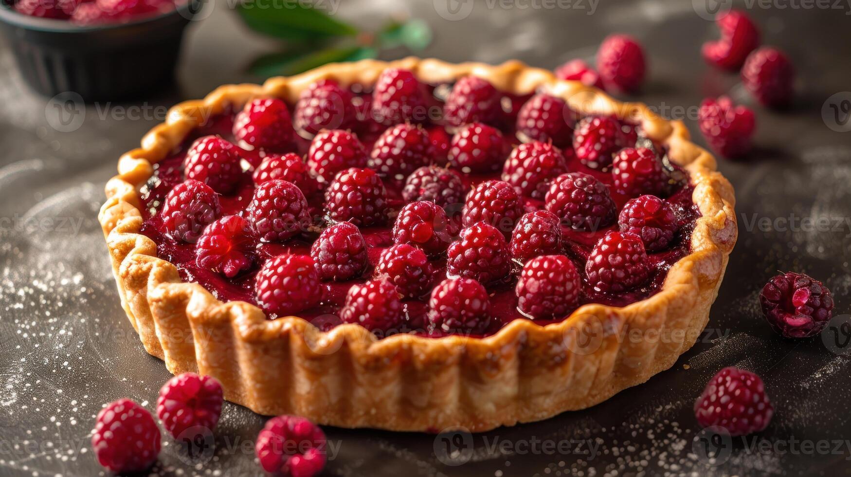 A delicious raspberry tart with a flaky crust, nestled on a rustic surface photo