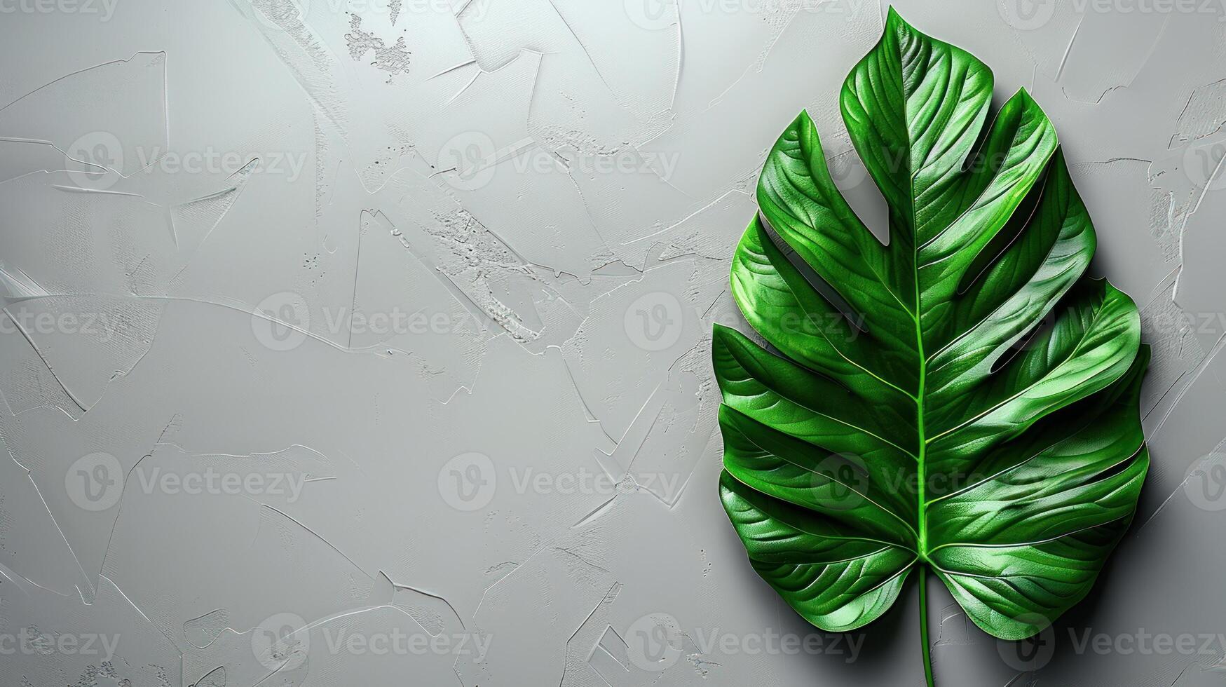 A large green monstera leaf rests on a textured grey surface photo