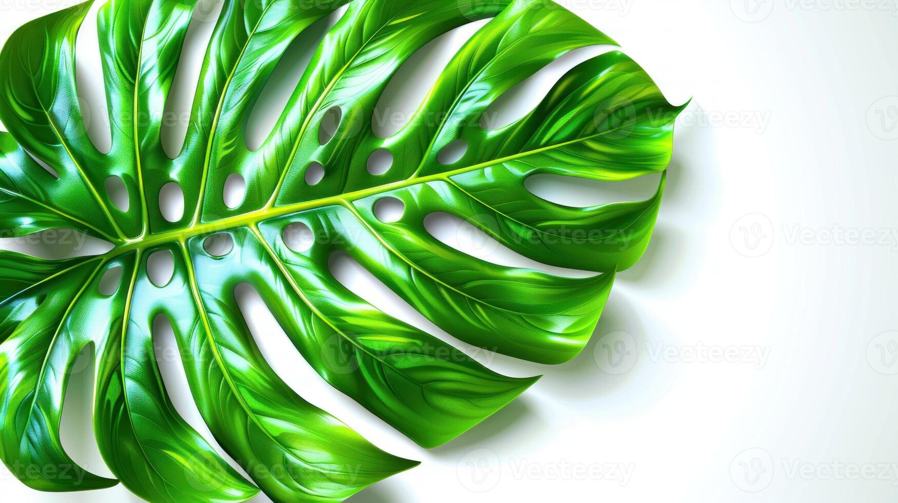 A large, green monstera leaf with distinctive holes rests on a white background photo