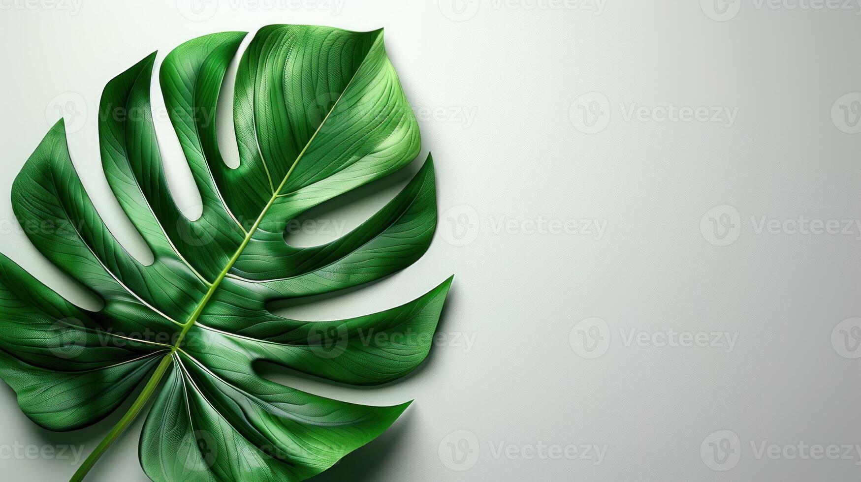 A large, green Monstera leaf with deep cuts rests on a light gray surface photo