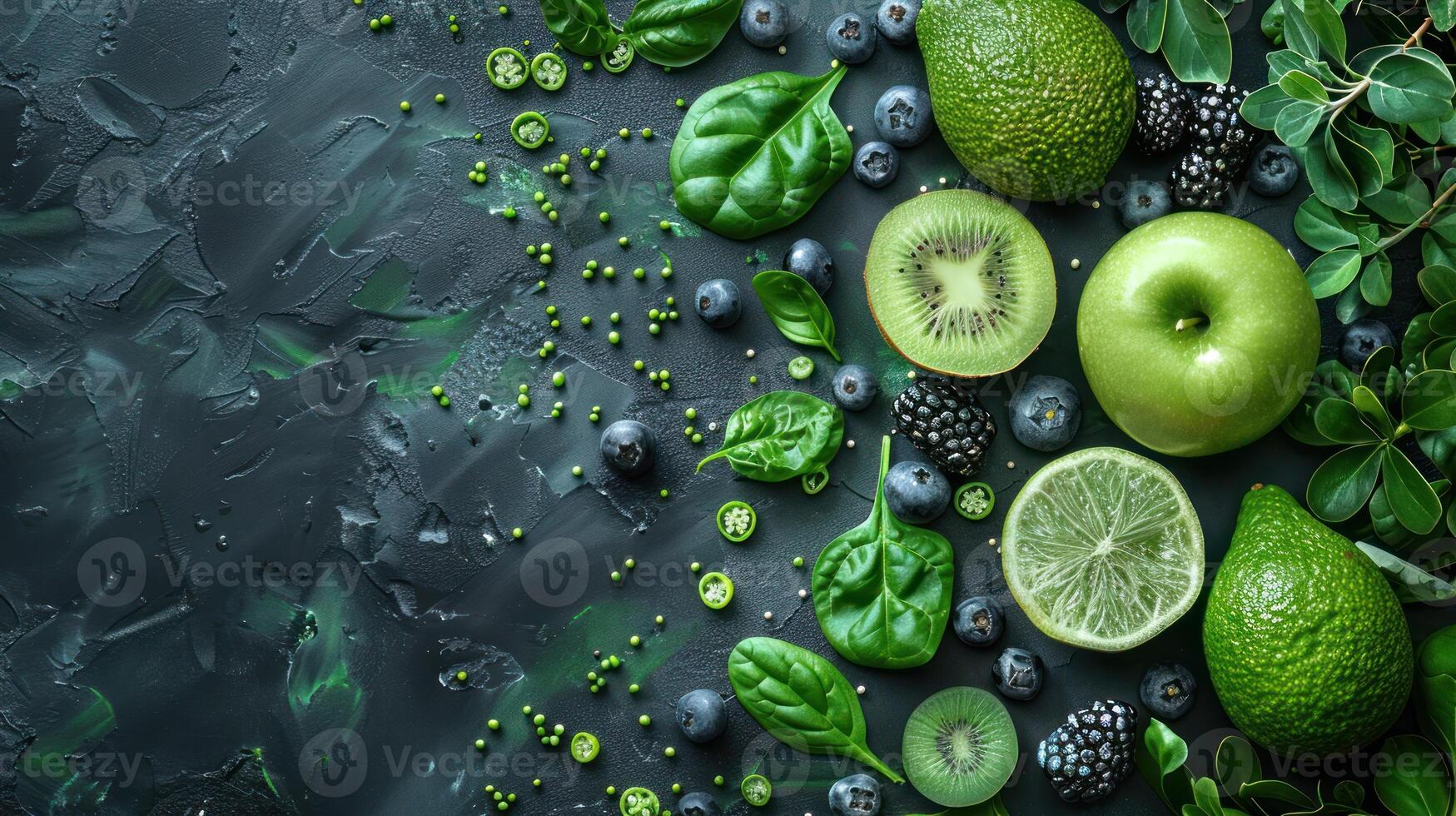 A close-up of fresh green fruits, leaves, and berries arranged on a dark surface photo