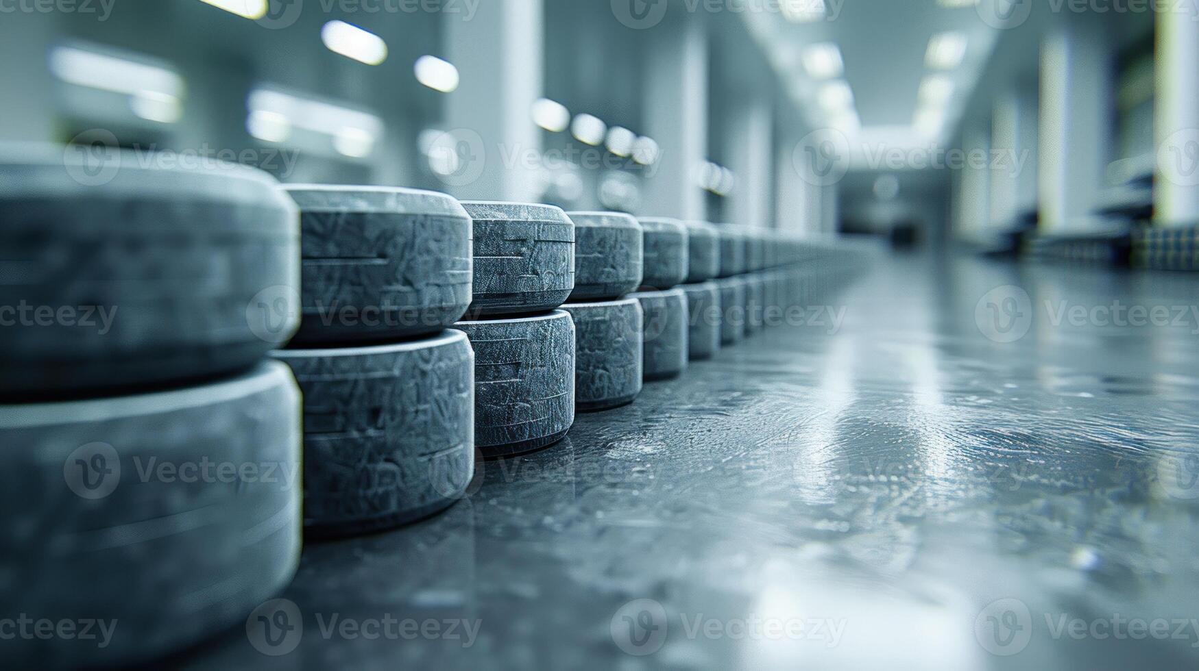 Hockey pucks stacked in rows on a smooth, reflective surface photo