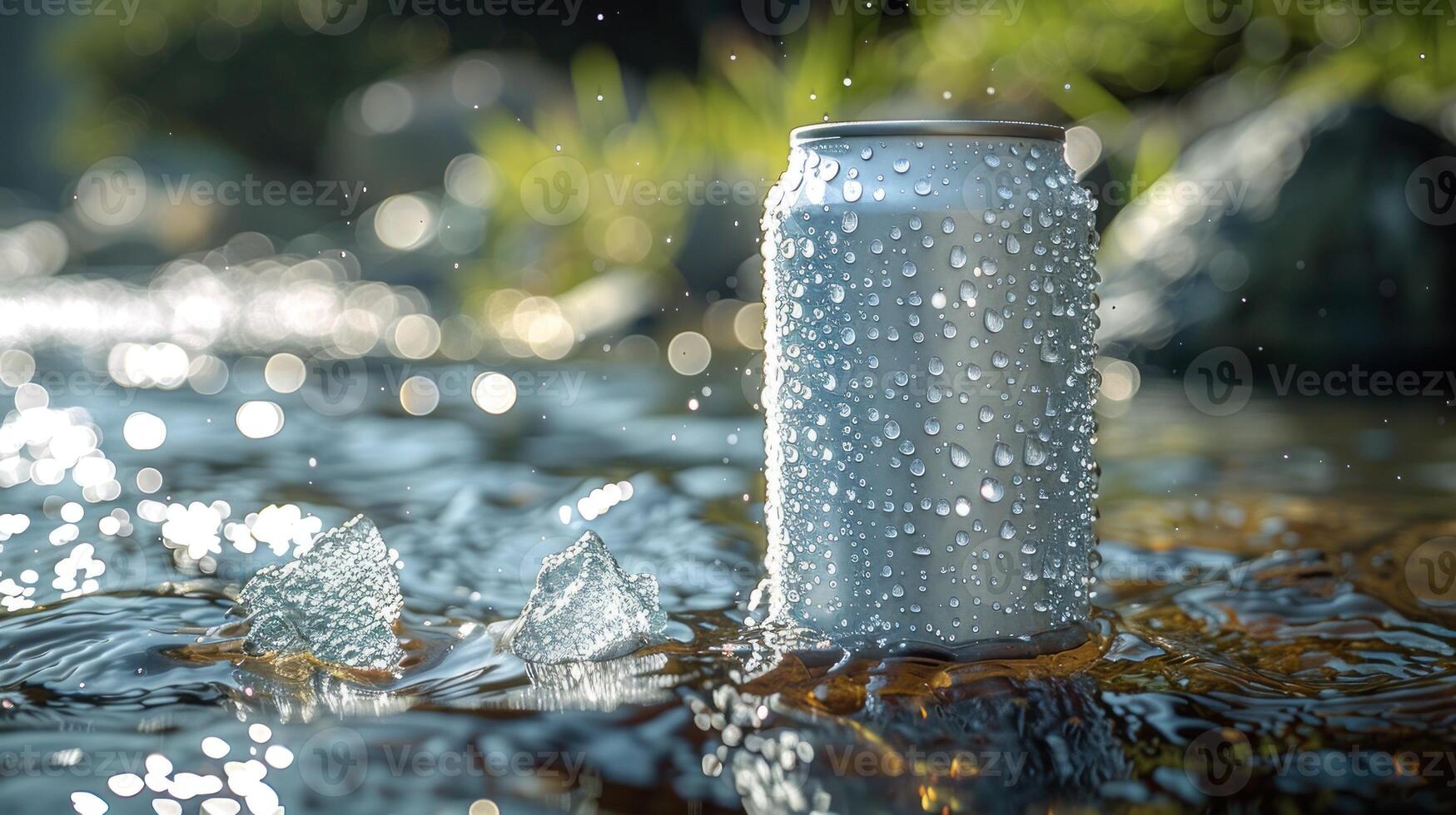 A chilled can sits in a stream of clear water photo