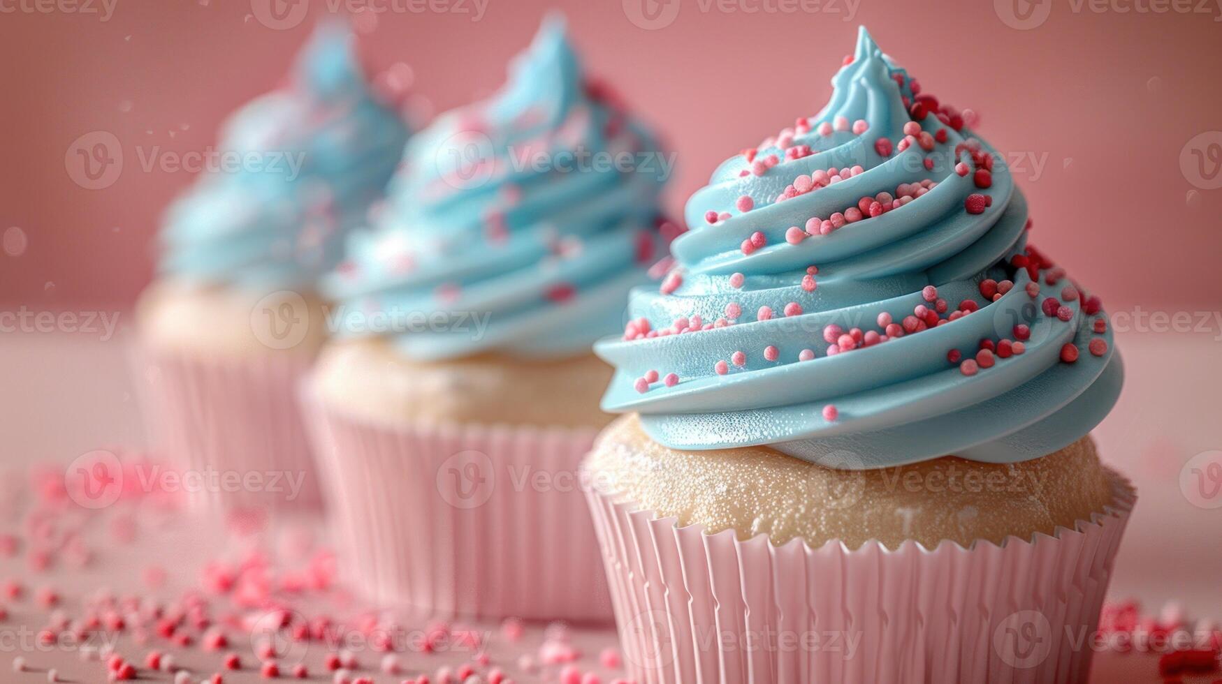 Three frosted cupcakes with sprinkles on a pink background photo