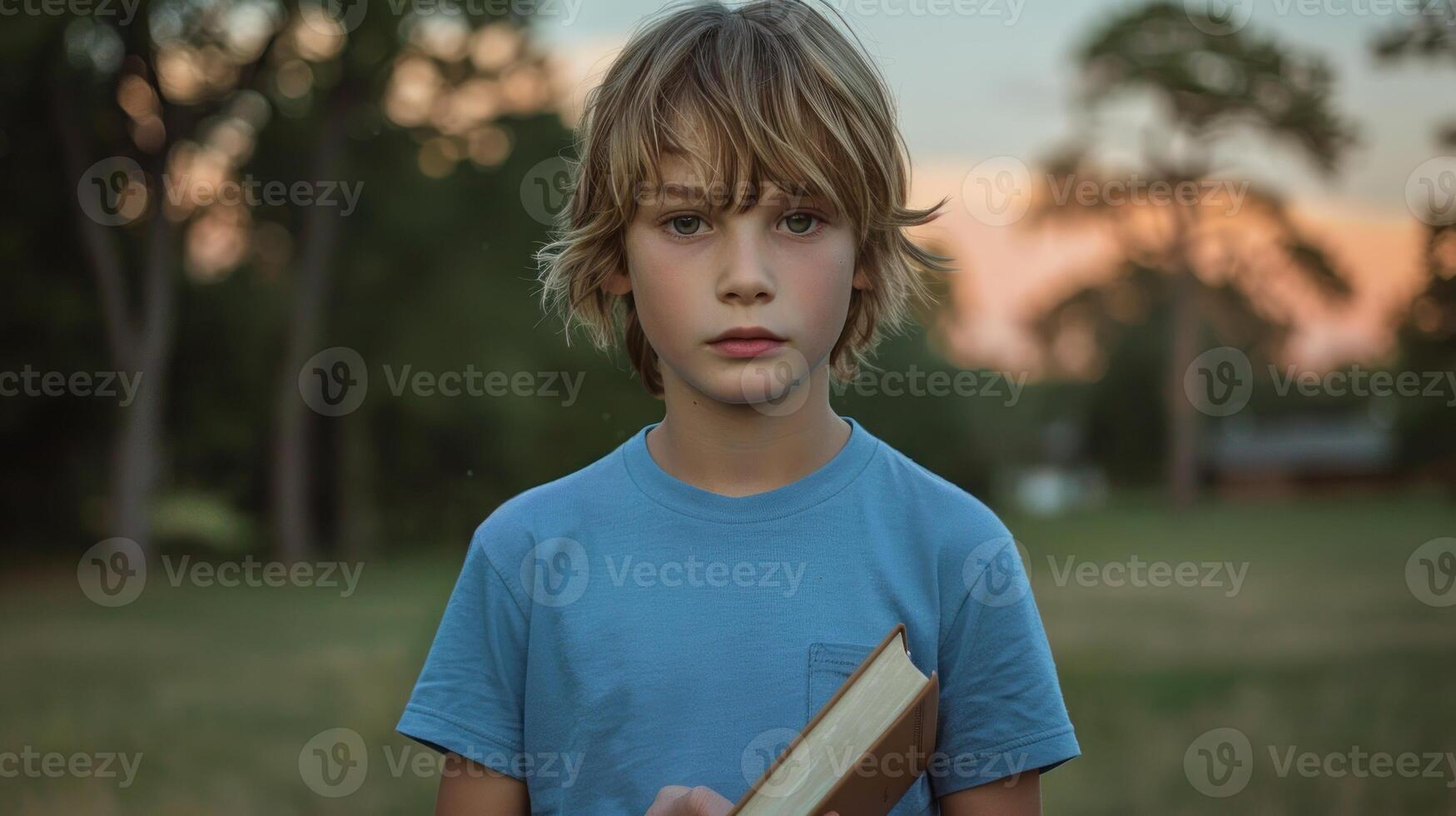 A young boy stands in a field, holding a book and looking at the camera photo
