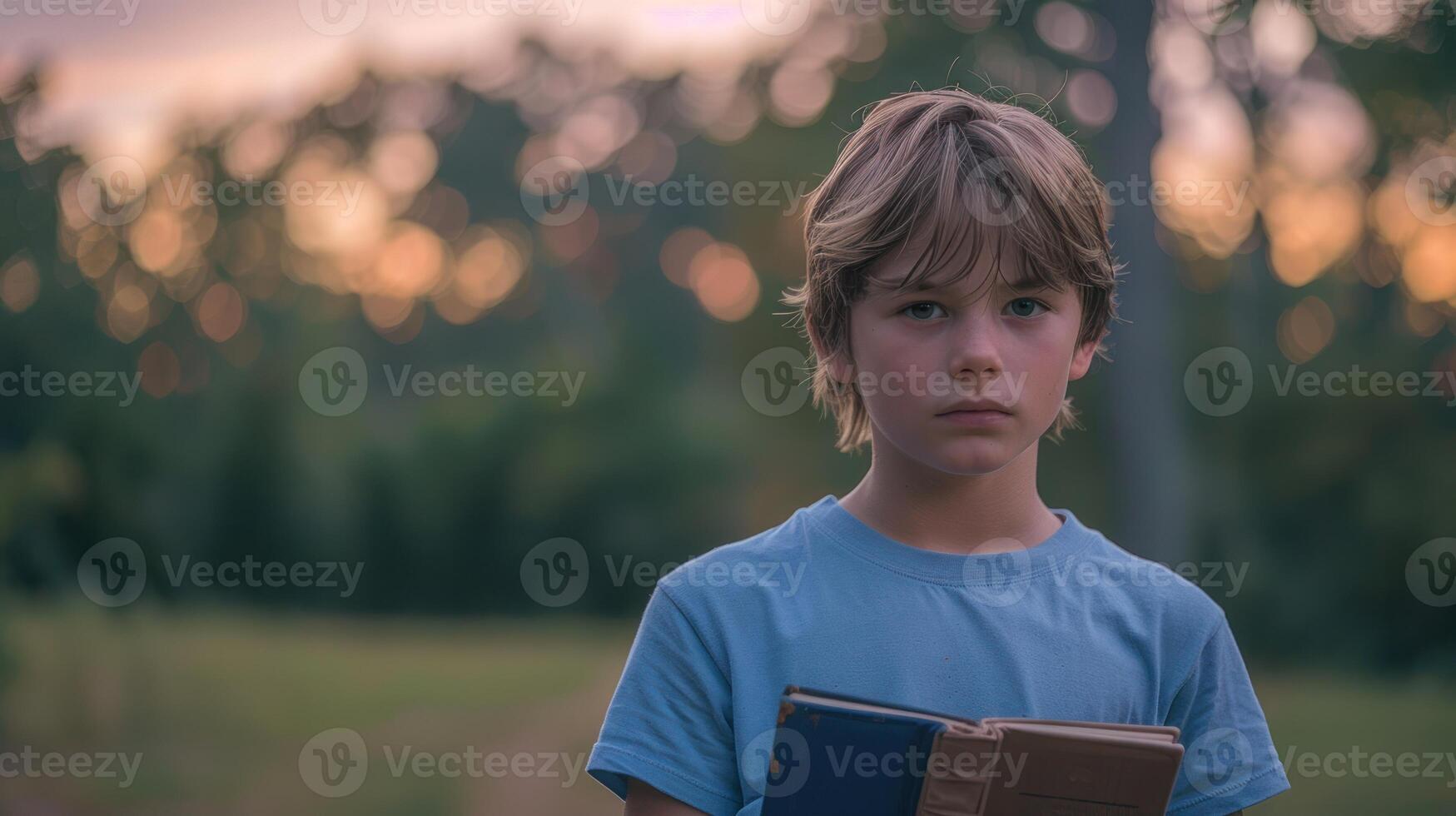 A young boy stands with a book in hand, gazing thoughtfully towards the horizon photo