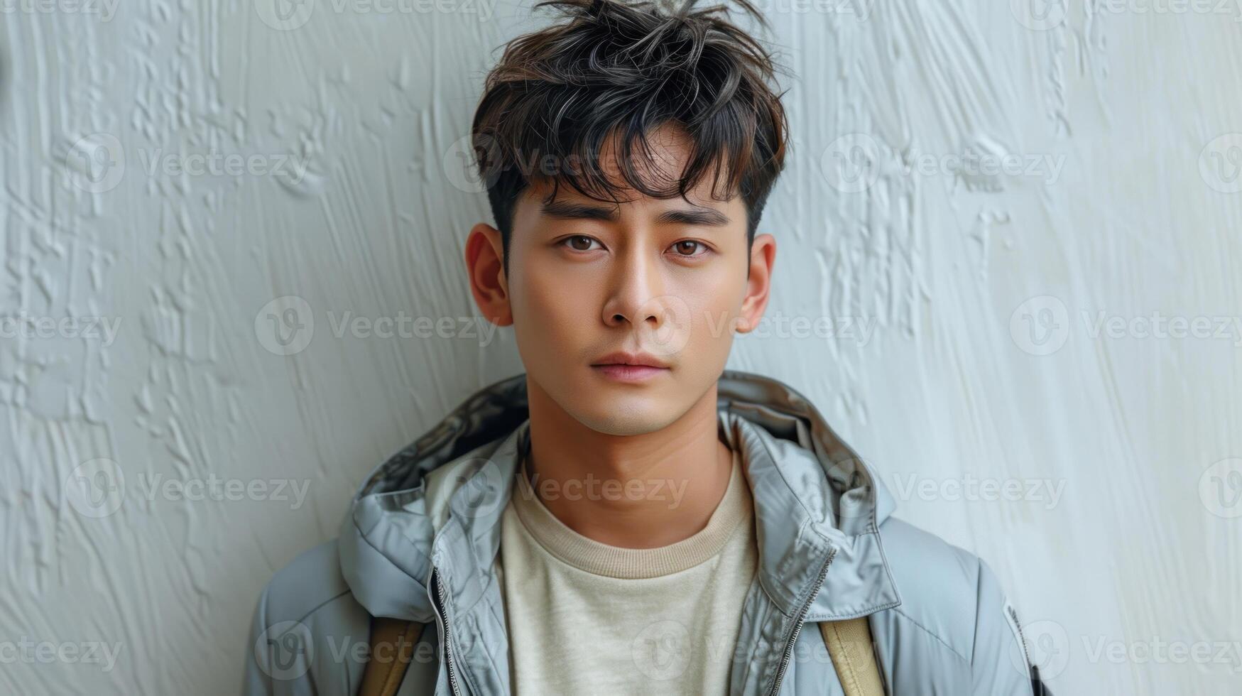 A man with dark hair and a thoughtful expression stands against a textured white wall photo