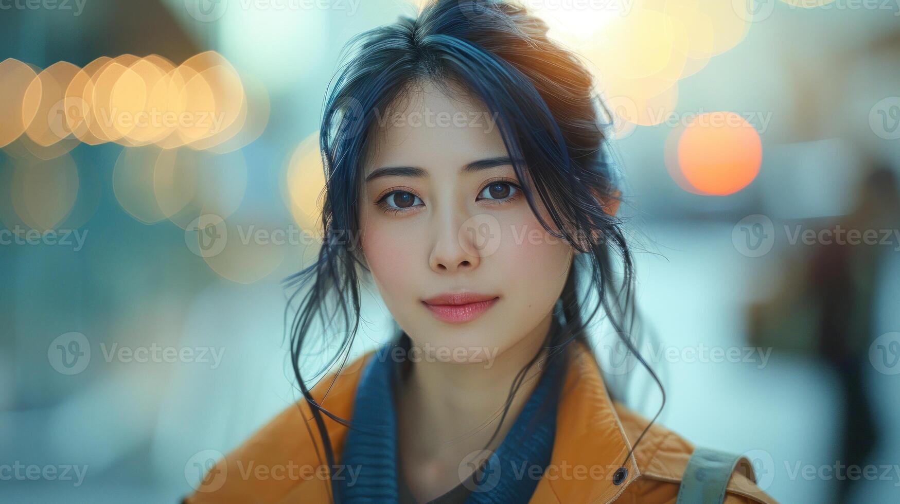 A young woman gazes thoughtfully at the camera, bathed in the soft glow of city lights photo