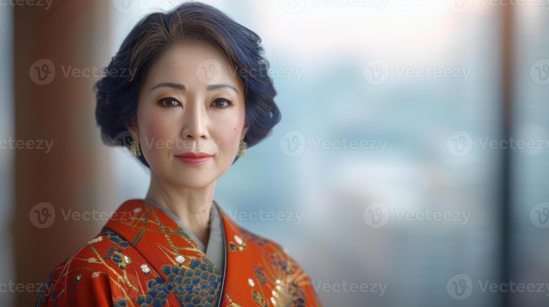 A woman in a traditional red kimono with intricate patterns stands before a window photo