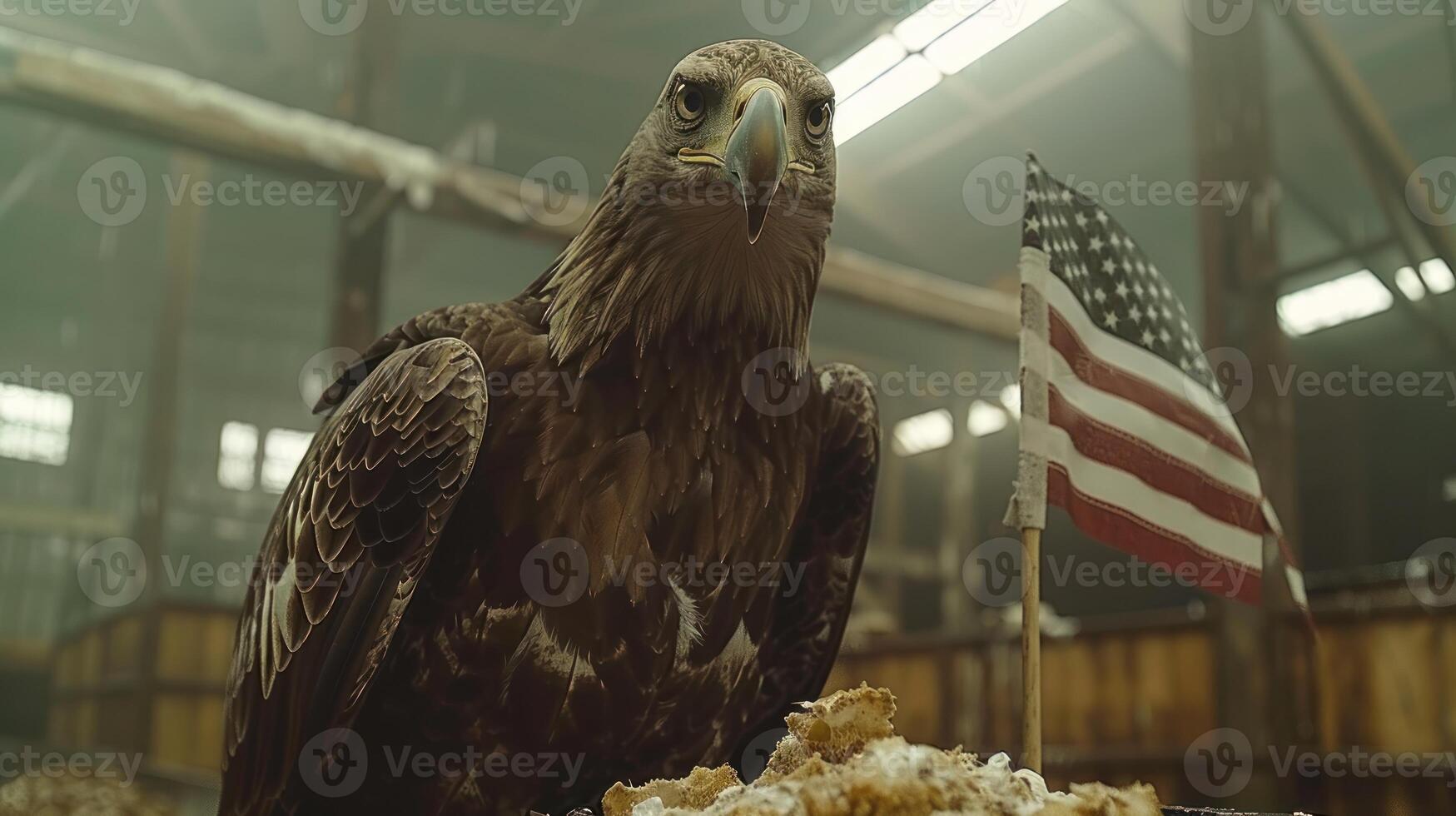 A golden eagle sits on a pile of debris, a small American flag waving nearby photo