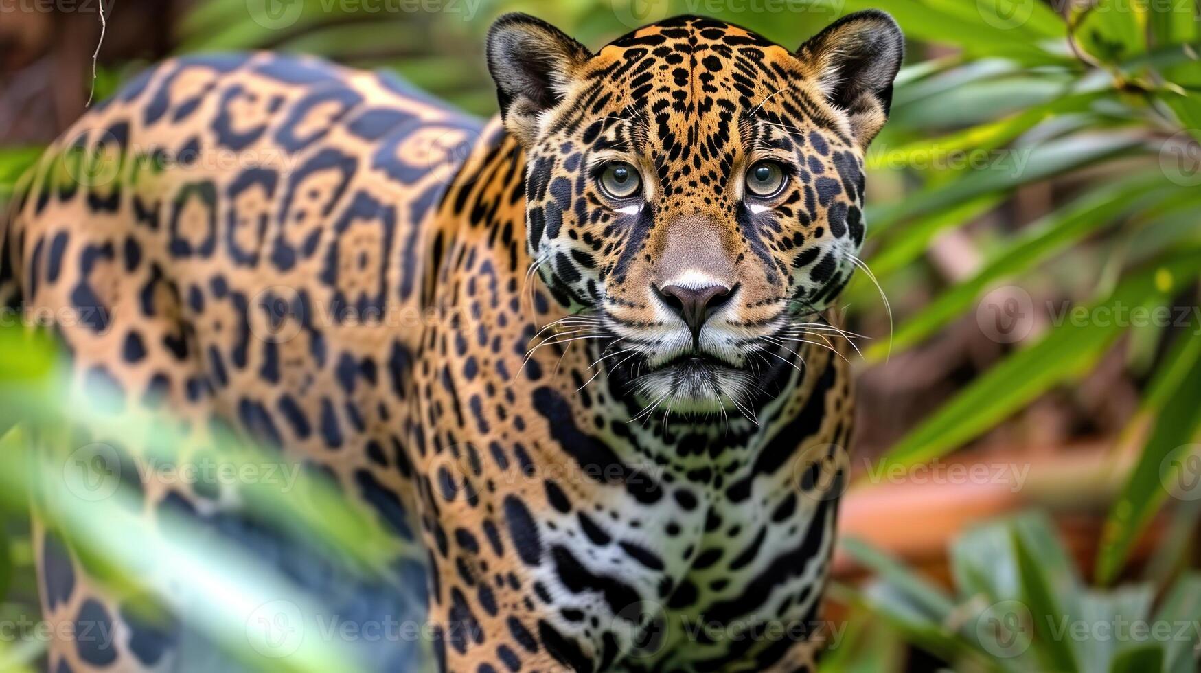 A jaguar peers through the dense green foliage of the rainforest photo