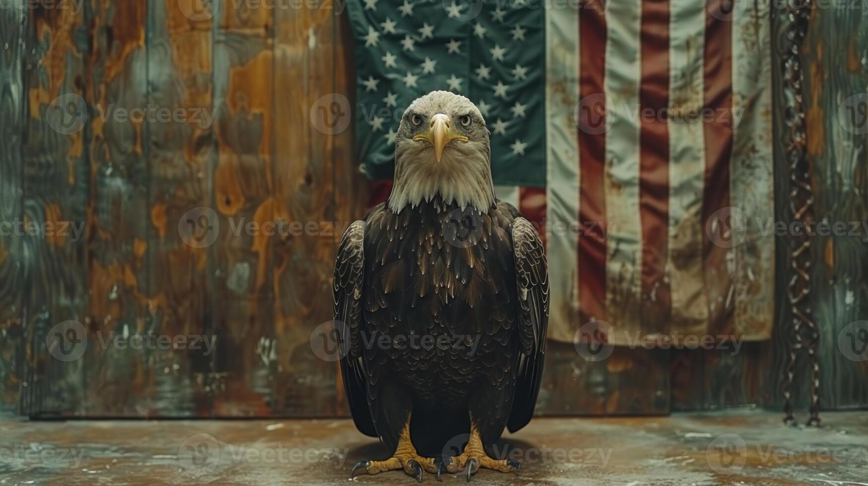 A bald eagle stands in front of a tattered American flag photo