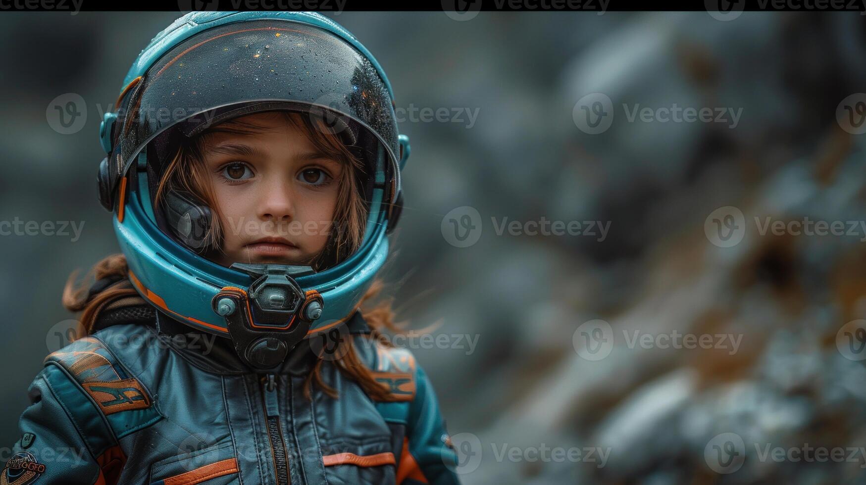 A young child in a blue helmet looks forward with a serious expression photo