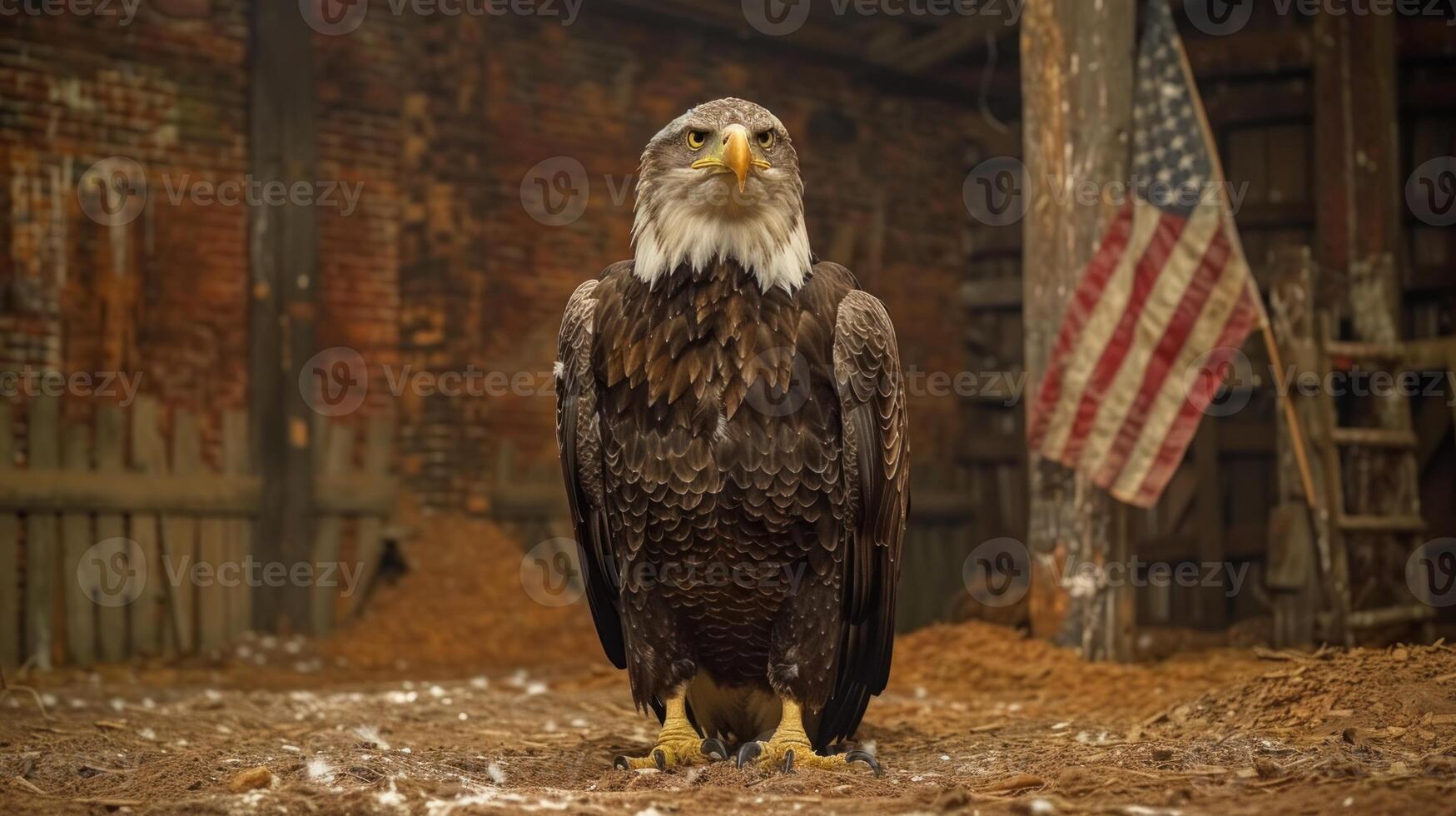 An American Bald Eagle stands in a barn, with an American flag hanging nearby photo