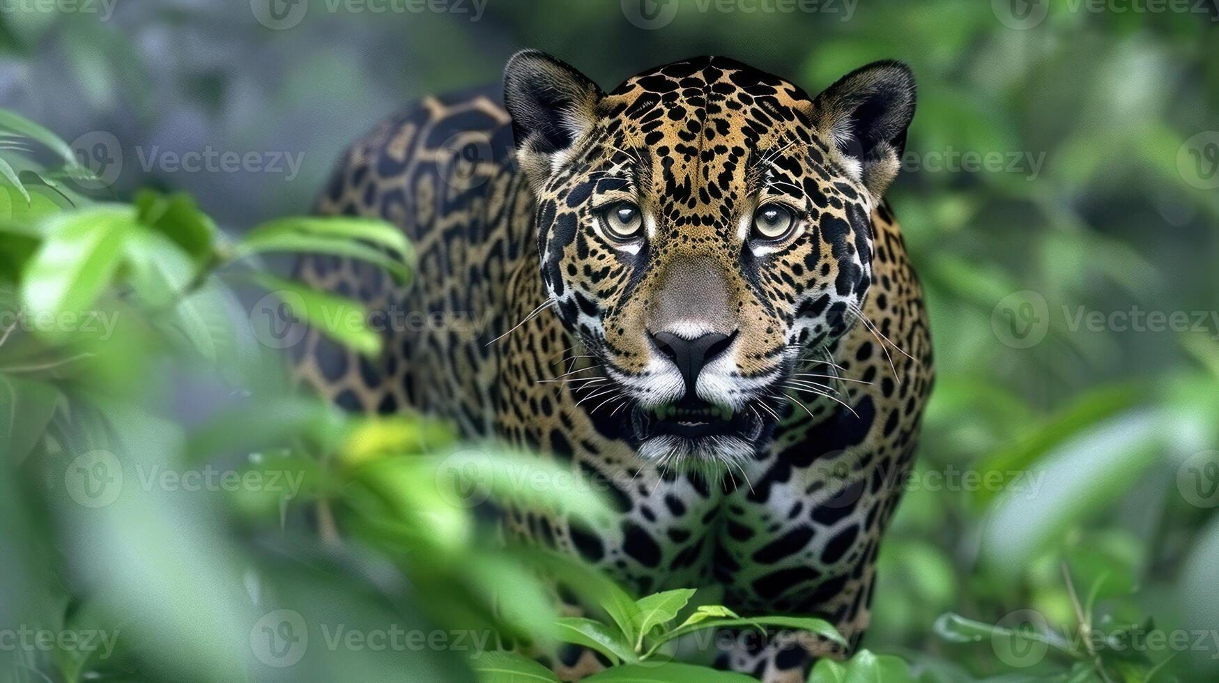 A jaguar peers through the foliage, its gaze intense and captivating photo