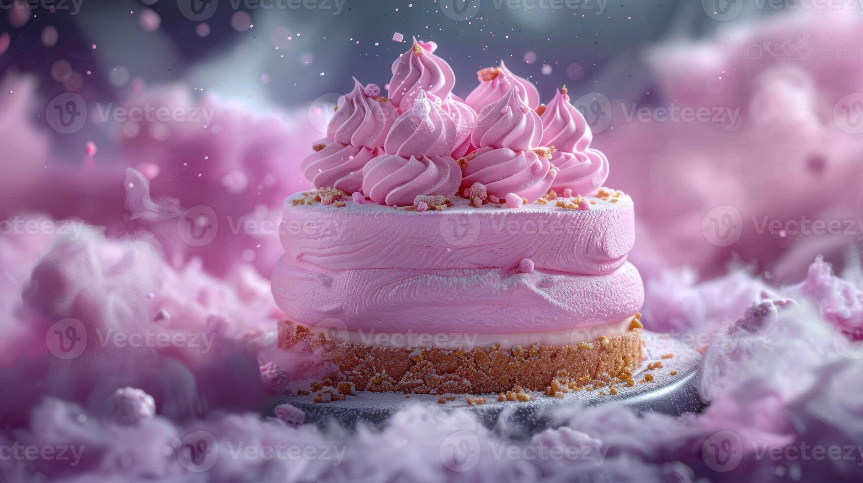 A pink cake with fluffy frosting sits on a silver plate amidst a cloud of cotton candy photo