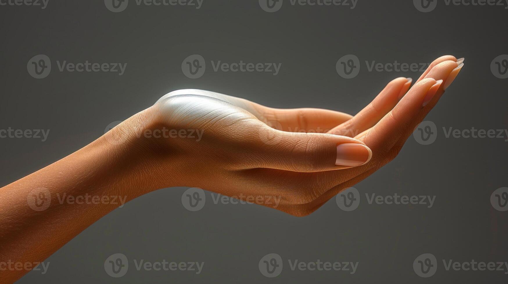 A close-up image of a hand with lotion applied, palm up and fingers slightly curled photo