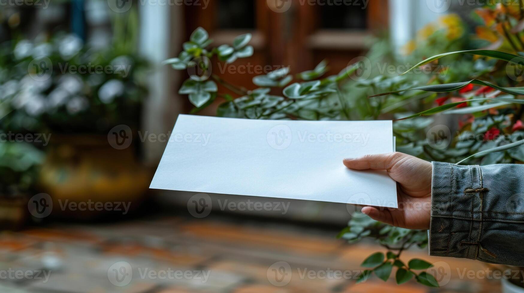 Hand holds blank card against vibrant green backdrop photo