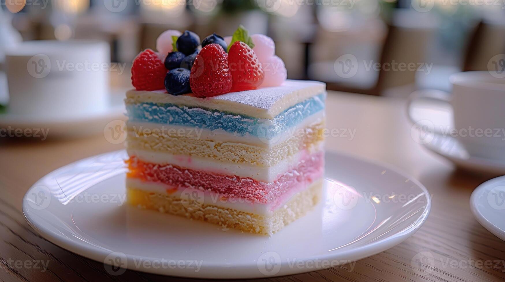 A colorful layered cake with fresh fruit topping, ready to be enjoyed at a cafe photo