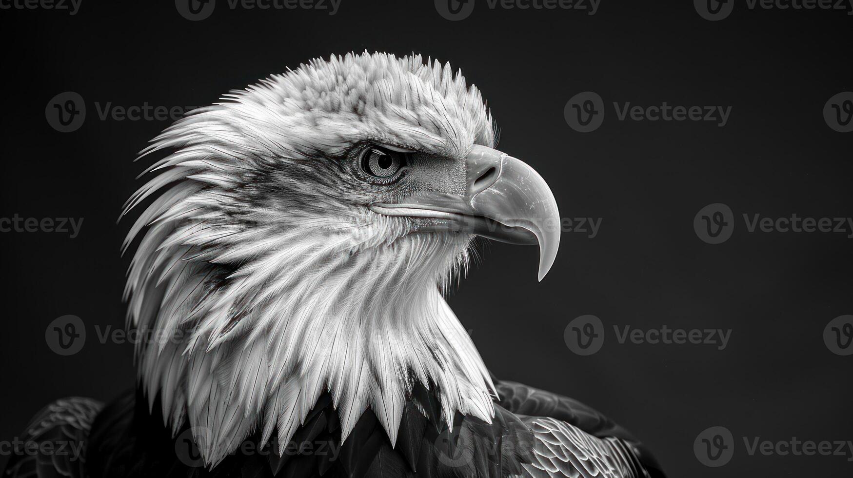 A close-up black and white portrait of a bald eagle photo