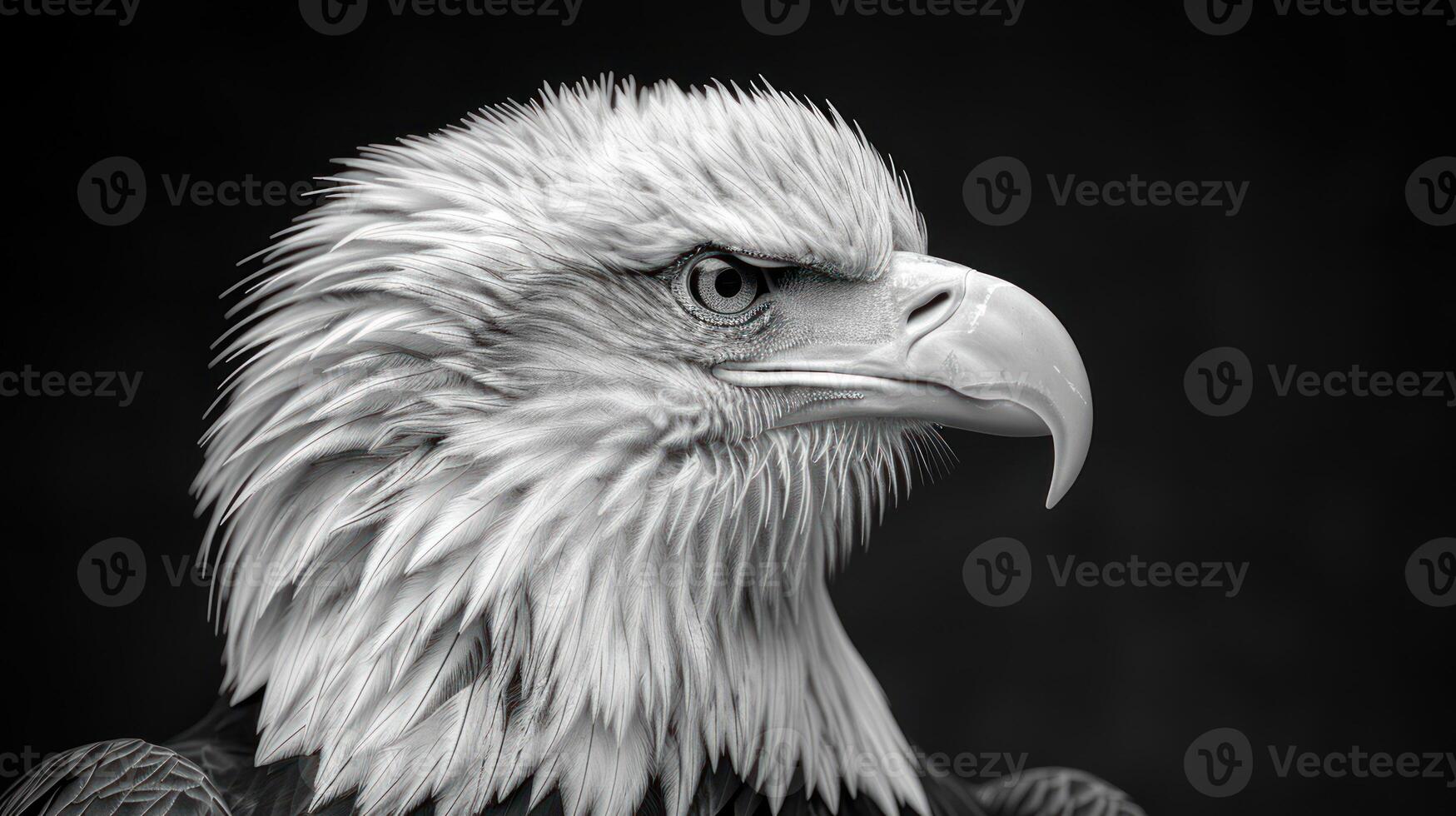 A close-up shot of a bald eagles head in black and white photo