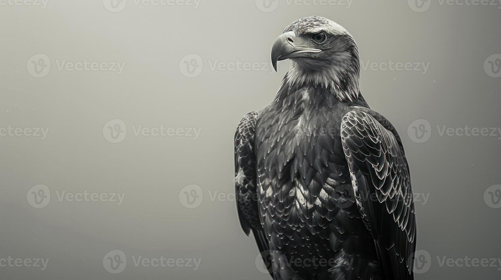A close-up of a bald eagle standing in a hazy, misty environment photo