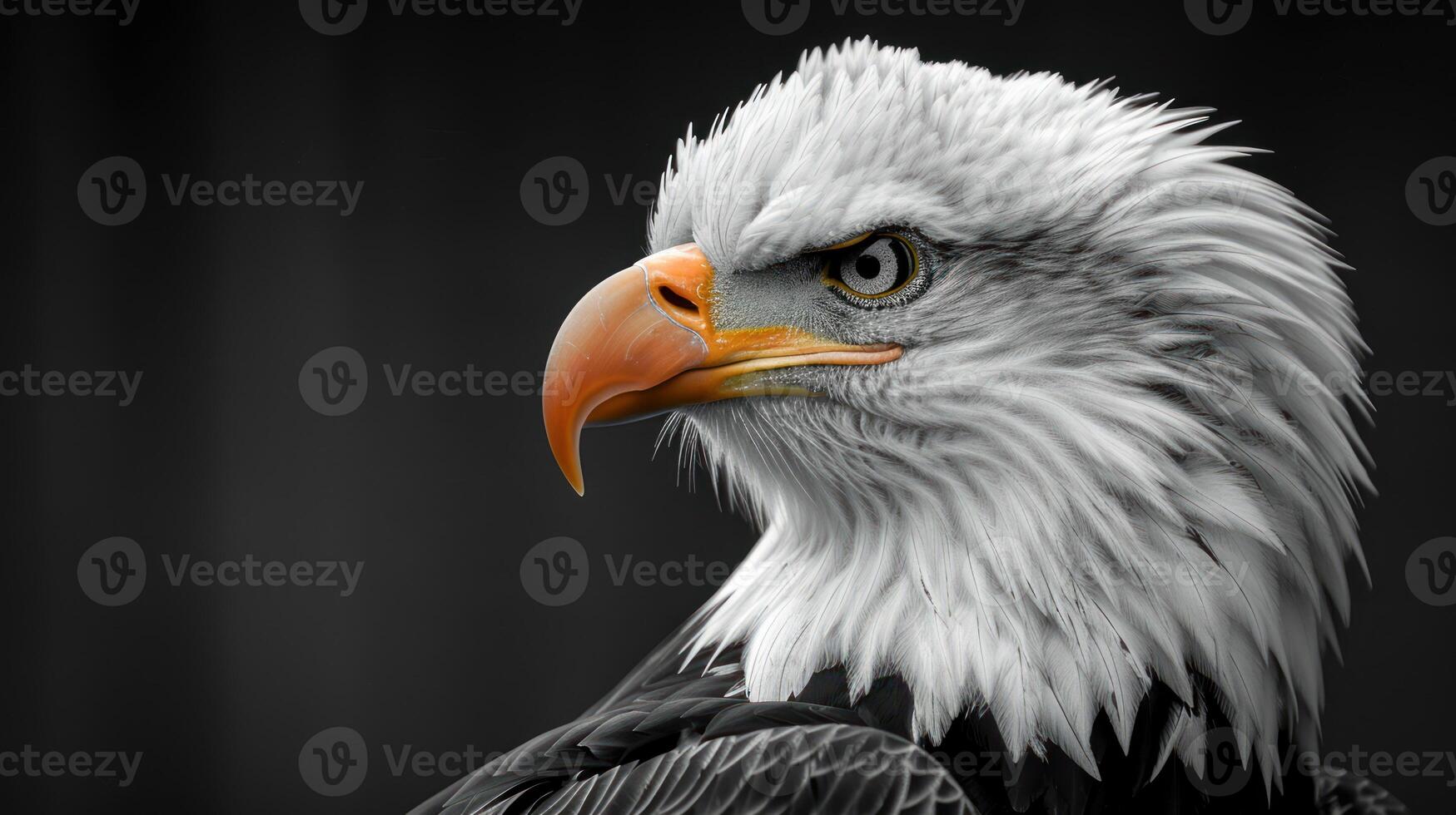 A close-up of a bald eagles head, its sharp eyes staring intently into the distance photo
