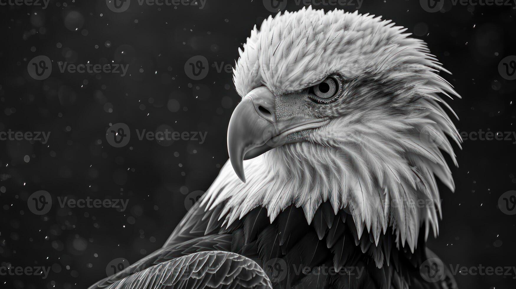 A close-up shot of a bald eagle in black and white with snow falling in the background photo