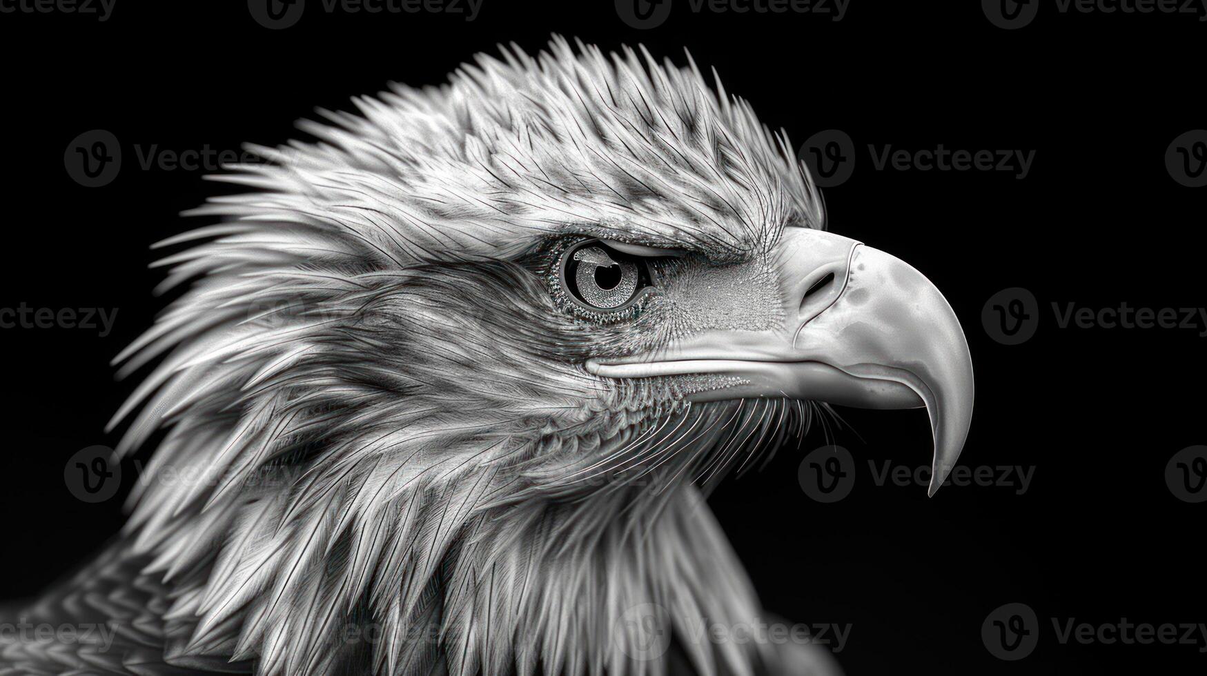 A close-up of a bald eagles head in black and white photo