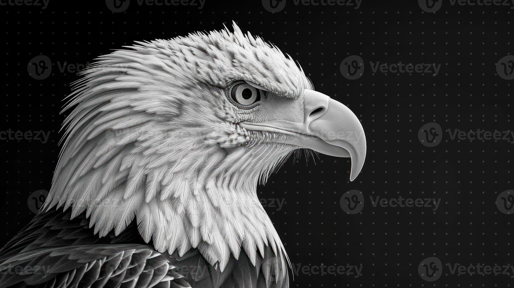 A close-up portrait of a bald eagles face in black and white photo