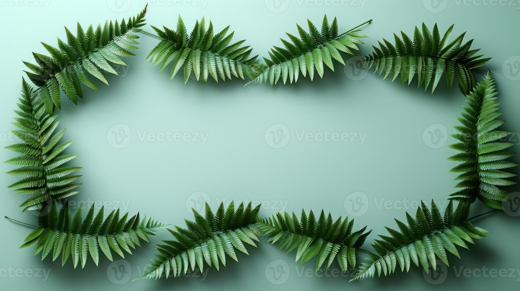 Lush green fern leaves arranged in a frame shape on a light green background photo
