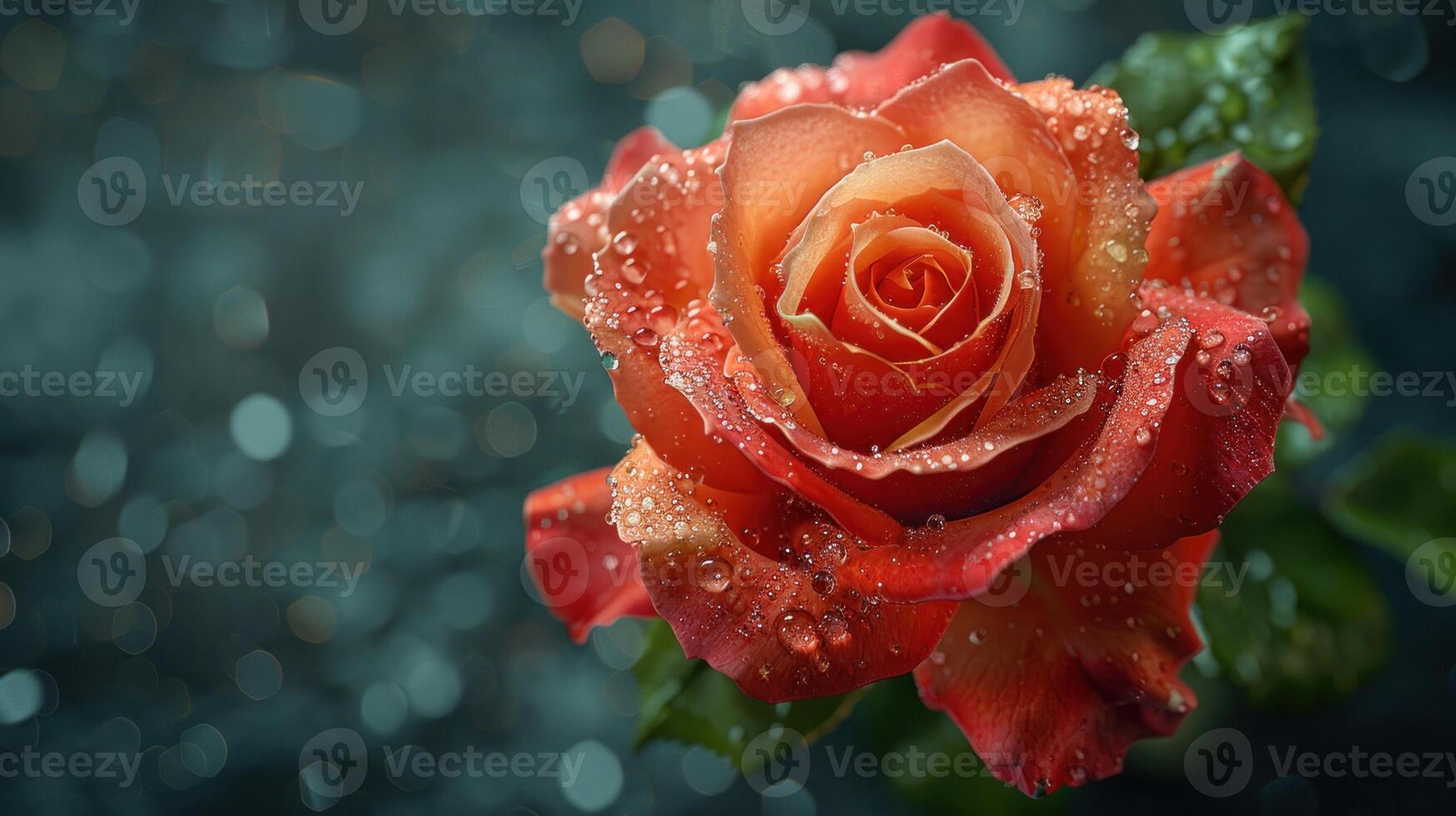 A close-up of a single rose with dew drops photo