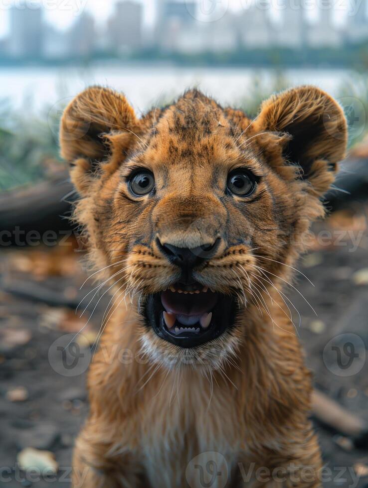 A young lion cub with a playful expression stares directly at the camera photo