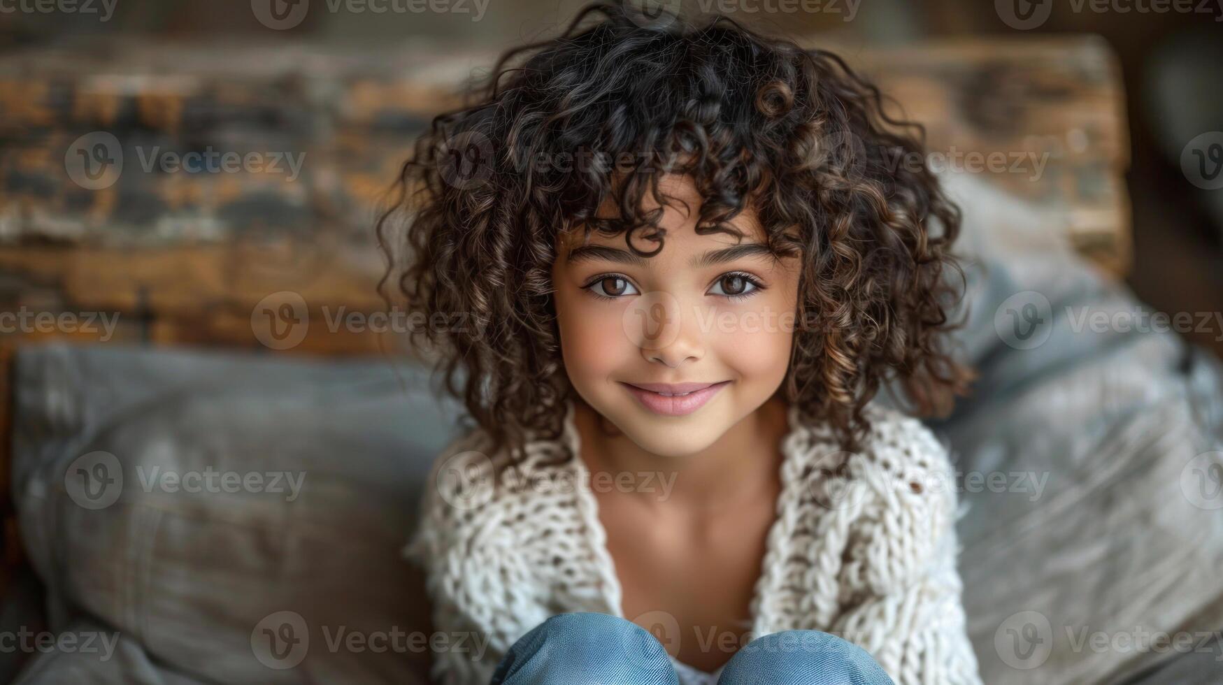 A joyful girl with curly hair relaxes on soft cushions, radiating happiness photo